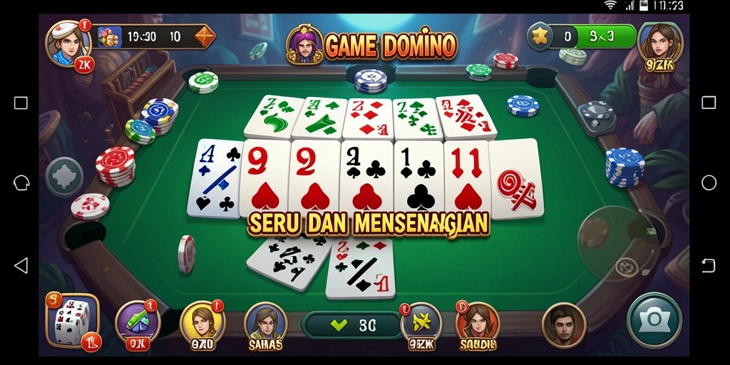 Screenshot menunjukkan gameplay seru dari 9ZK, menampilkan papan Domino dan para pemain.