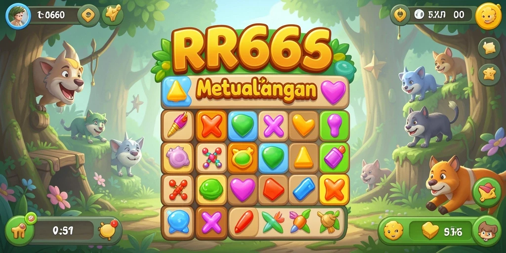 Screenshot utama RR666 menampilkan gameplay Match-3 yang seru dan penuh warna.
